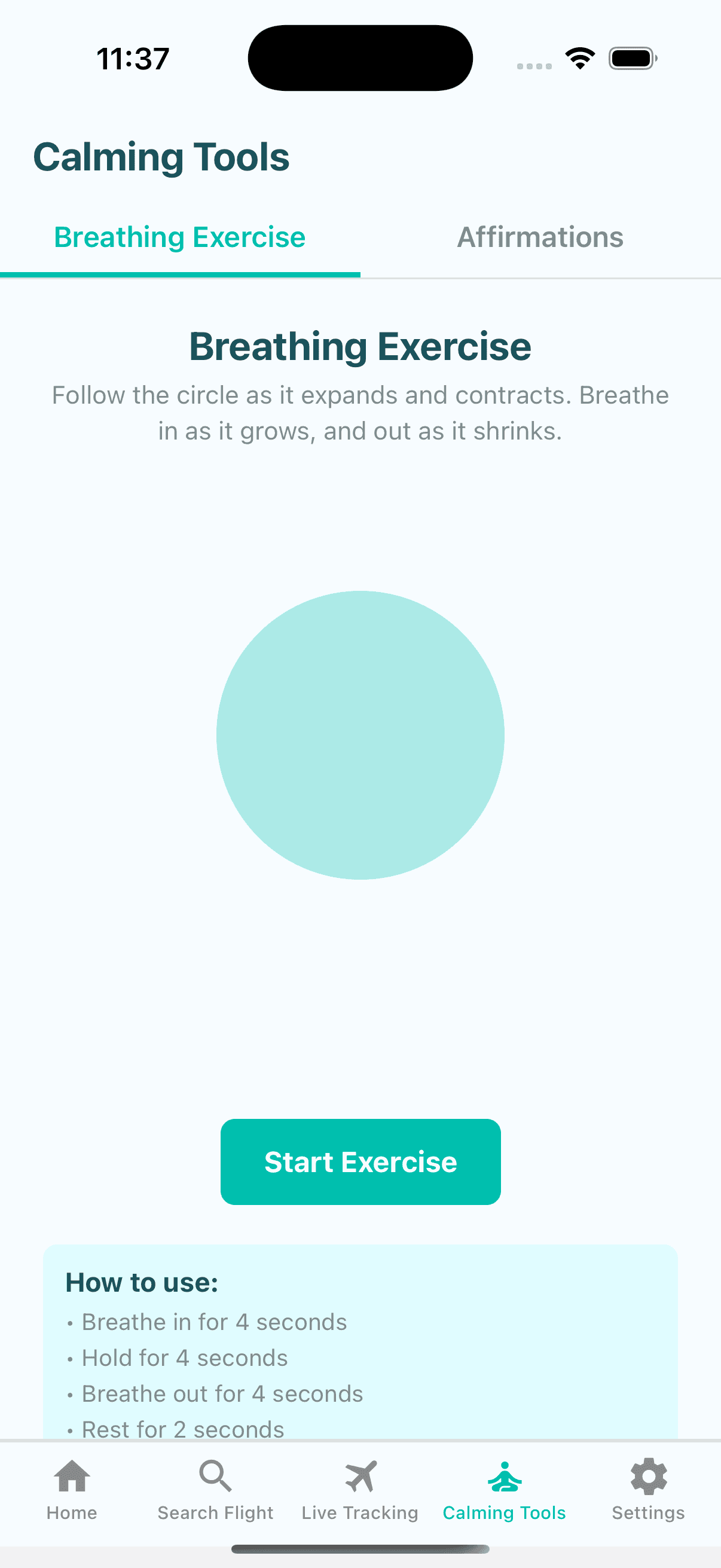 Voya's breathing exercise screen, with a soft circle that expands and contracts to guide your breath.