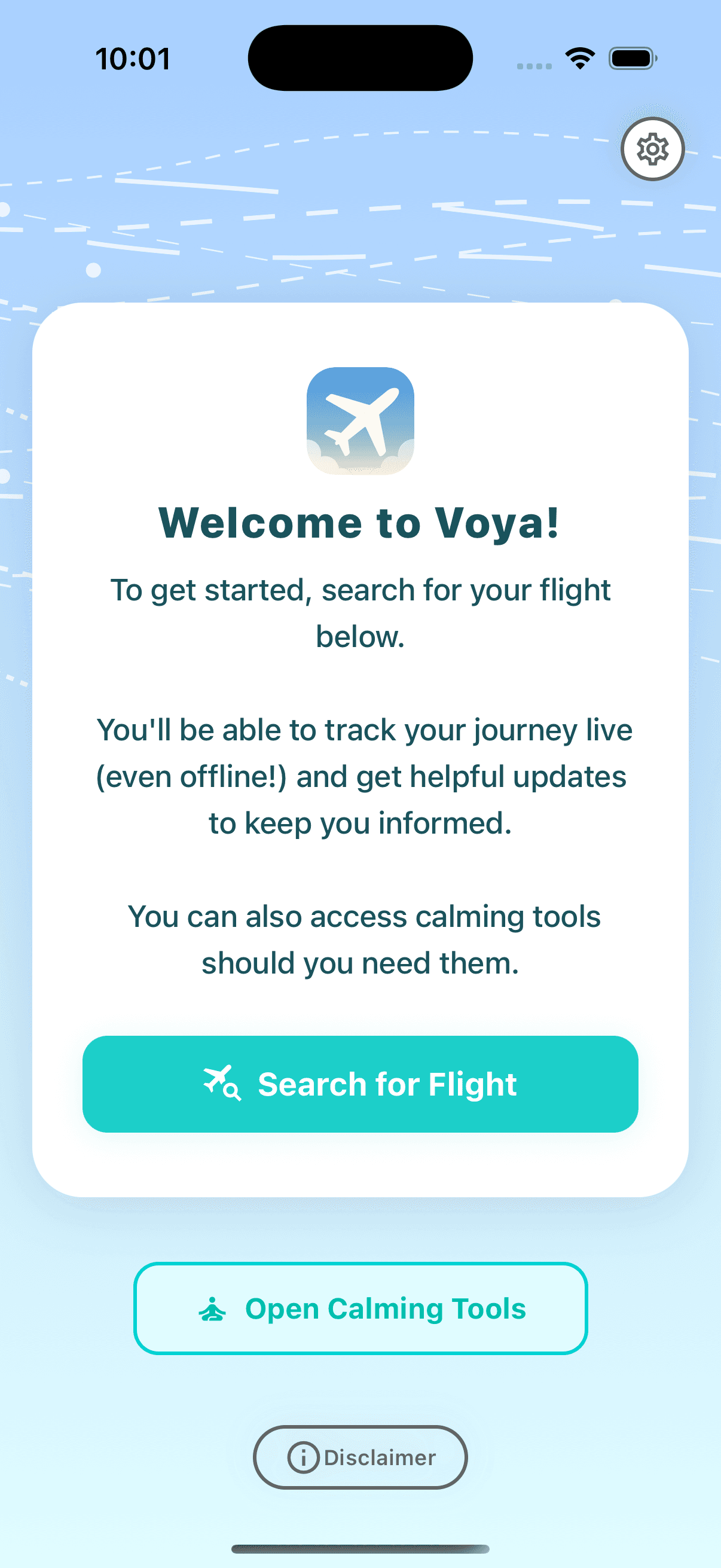 Voya home screen: a calm welcome that invites you to search for your flight.